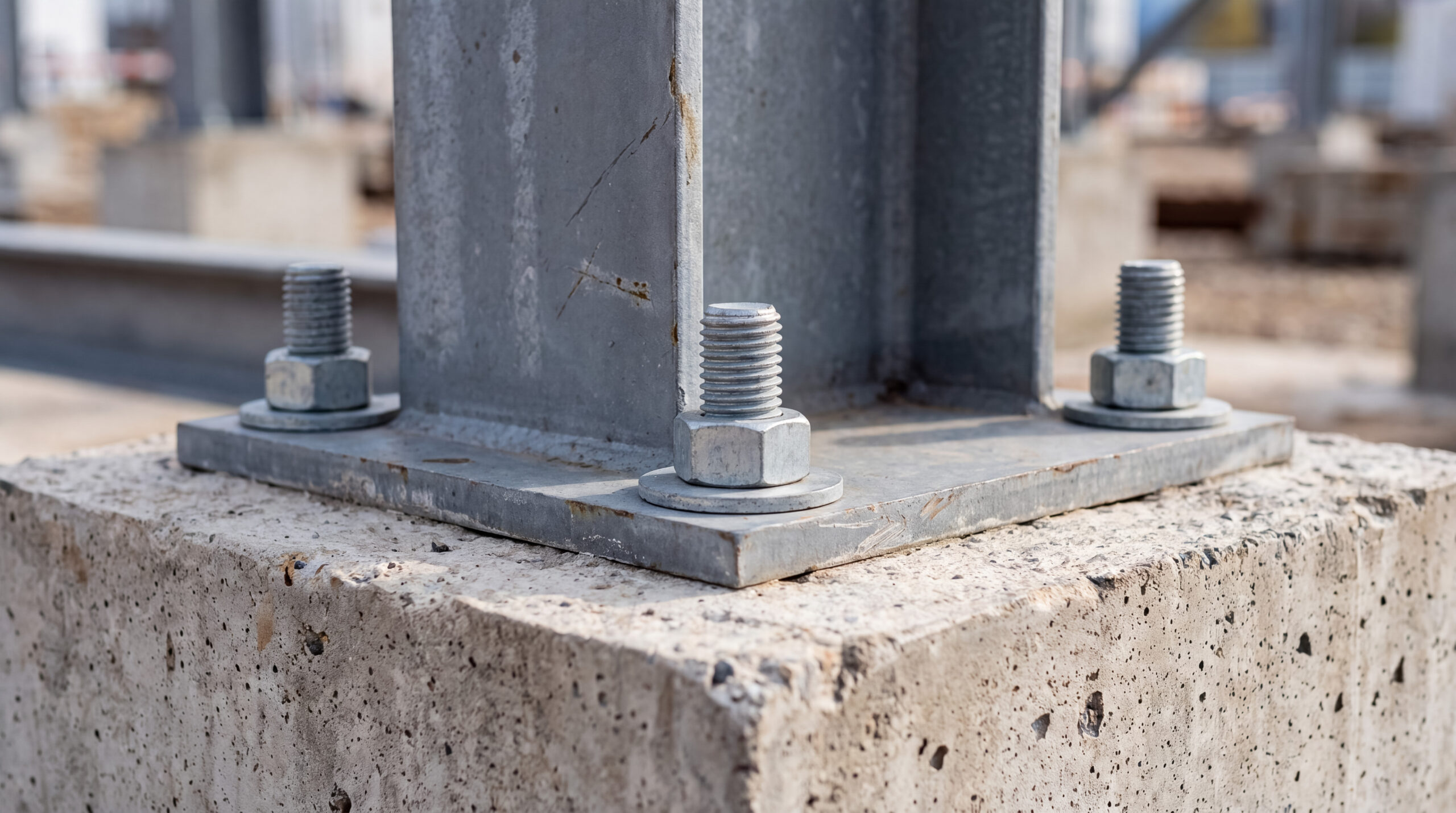 Metal i beam column securely fastened to a rough concrete block foundation using large anchor bolts, nuts, and washers